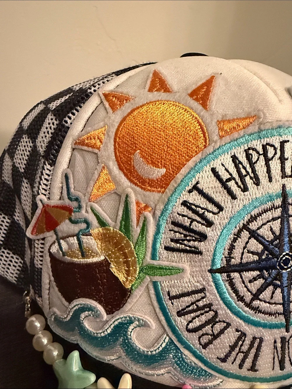 Embroidered Beach Compass Trucker Hat with Pastel Star Accents